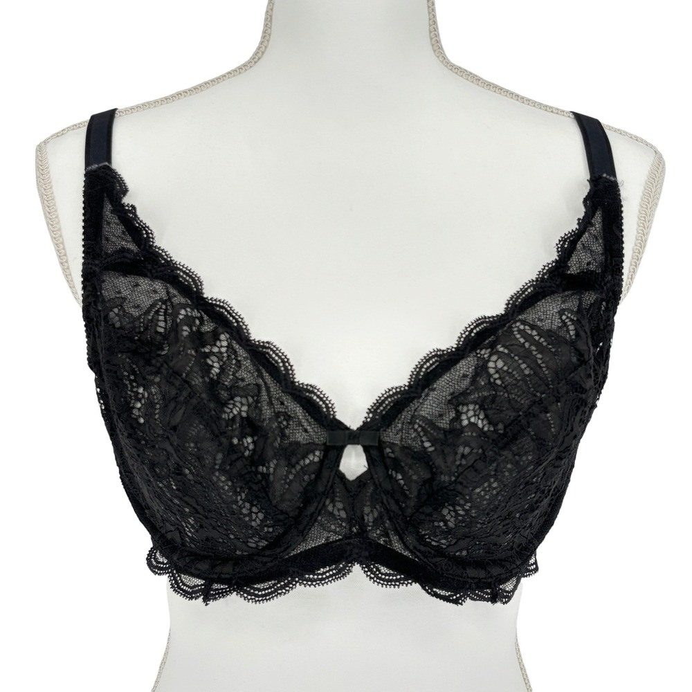 Felina Lace Underwire Bra Black Unlined Sheer 36D Feminine Lingerie
